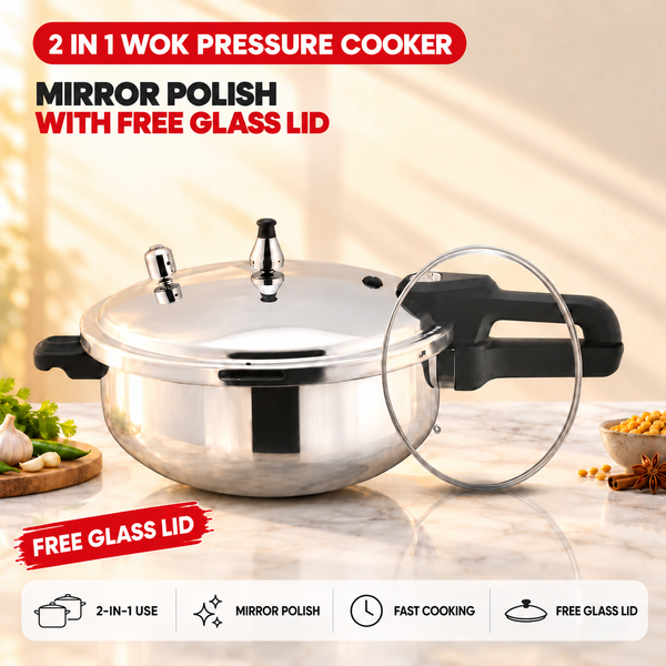 2 in 1 Mirror Polish Wok Pressure Cooker with Free Glass Lid