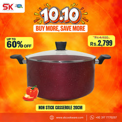 A promotional ad graphic for a SK Cookware non-stick casserole pot. The pot, which has a dark reddish-brown speckled exterior, black handles, and a clear glass lid, is centered against a vibrant orange and yellow background with promotional text overlays including '10:10', 'BUY MORE, SAVE MORE', 'UP TO 60% OFF', and 'NON STICK CASSEROLE 20CM'.