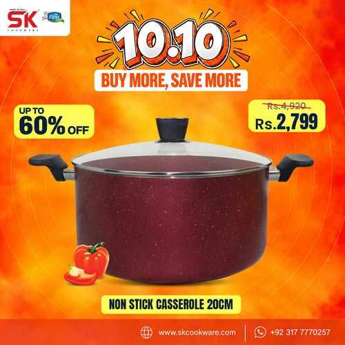A promotional ad graphic for a SK Cookware non-stick casserole pot. The pot, which has a dark reddish-brown speckled exterior, black handles, and a clear glass lid, is centered against a vibrant orange and yellow background with promotional text overlays including '10:10', 'BUY MORE, SAVE MORE', 'UP TO 60% OFF', and 'NON STICK CASSEROLE 20CM'.