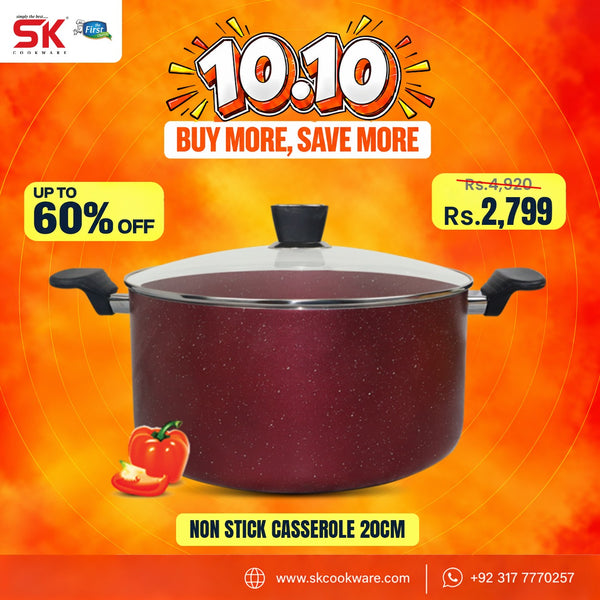 A promotional ad graphic for a SK Cookware non-stick casserole pot. The pot, which has a dark reddish-brown speckled exterior, black handles, and a clear glass lid, is centered against a vibrant orange and yellow background with promotional text overlays including '10:10', 'BUY MORE, SAVE MORE', 'UP TO 60% OFF', and 'NON STICK CASSEROLE 20CM'.