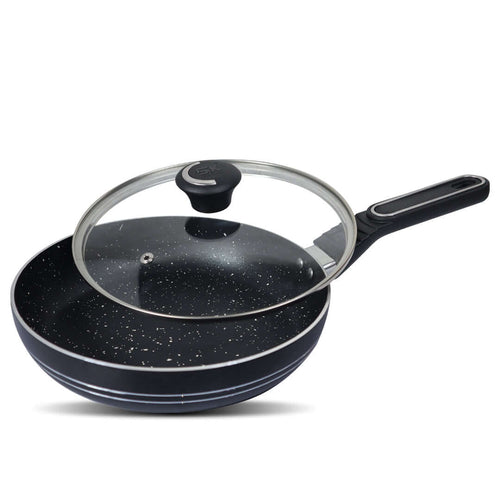 Non Stick Marble Coated Royal Frypan with Glass Lid - Black - Skcookware