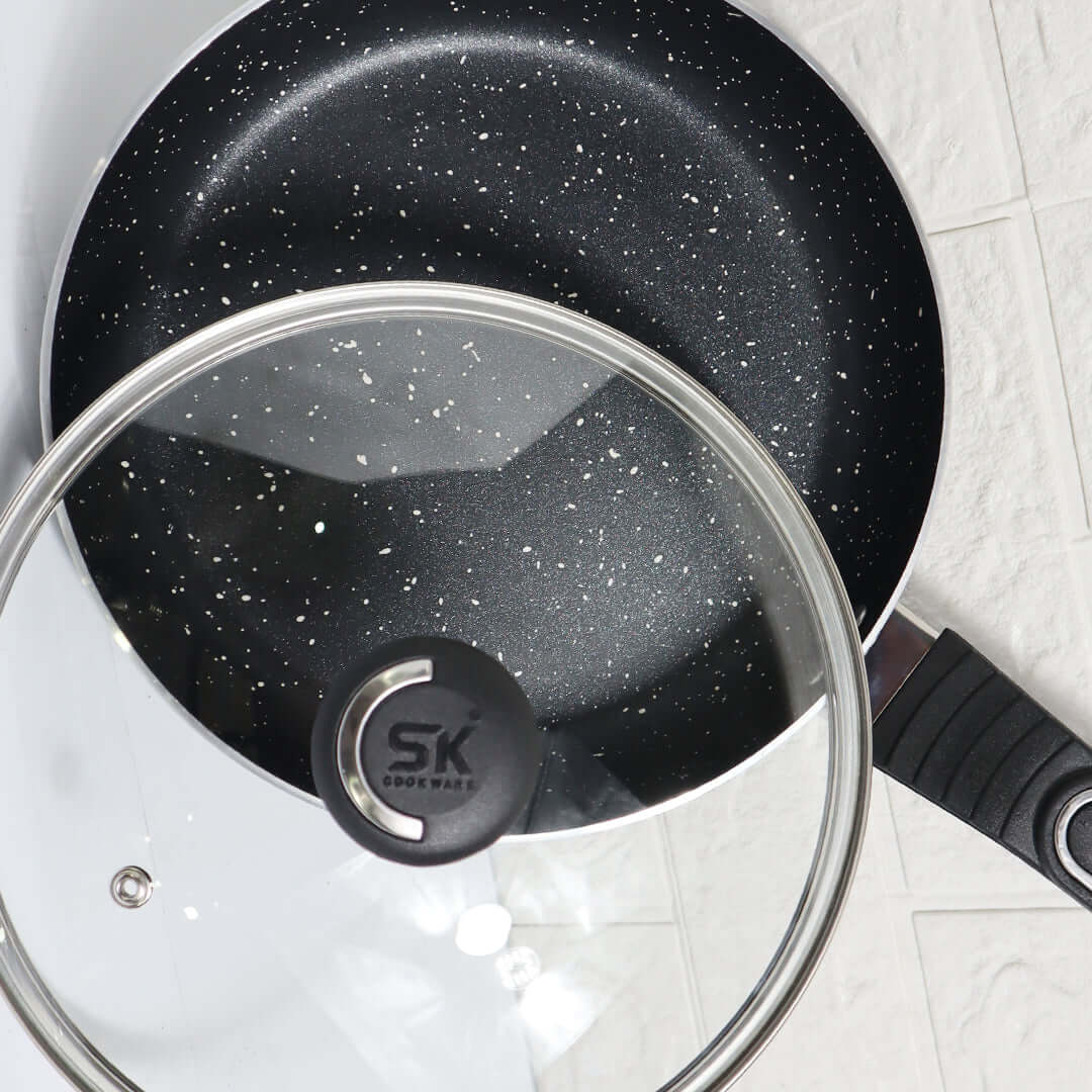 Non Stick Marble Coated Royal Frypan with Glass Lid - Black