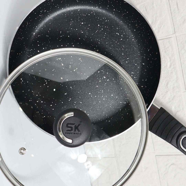 Non Stick Marble Coated Royal Frypan with Glass Lid - Black - Skcookware