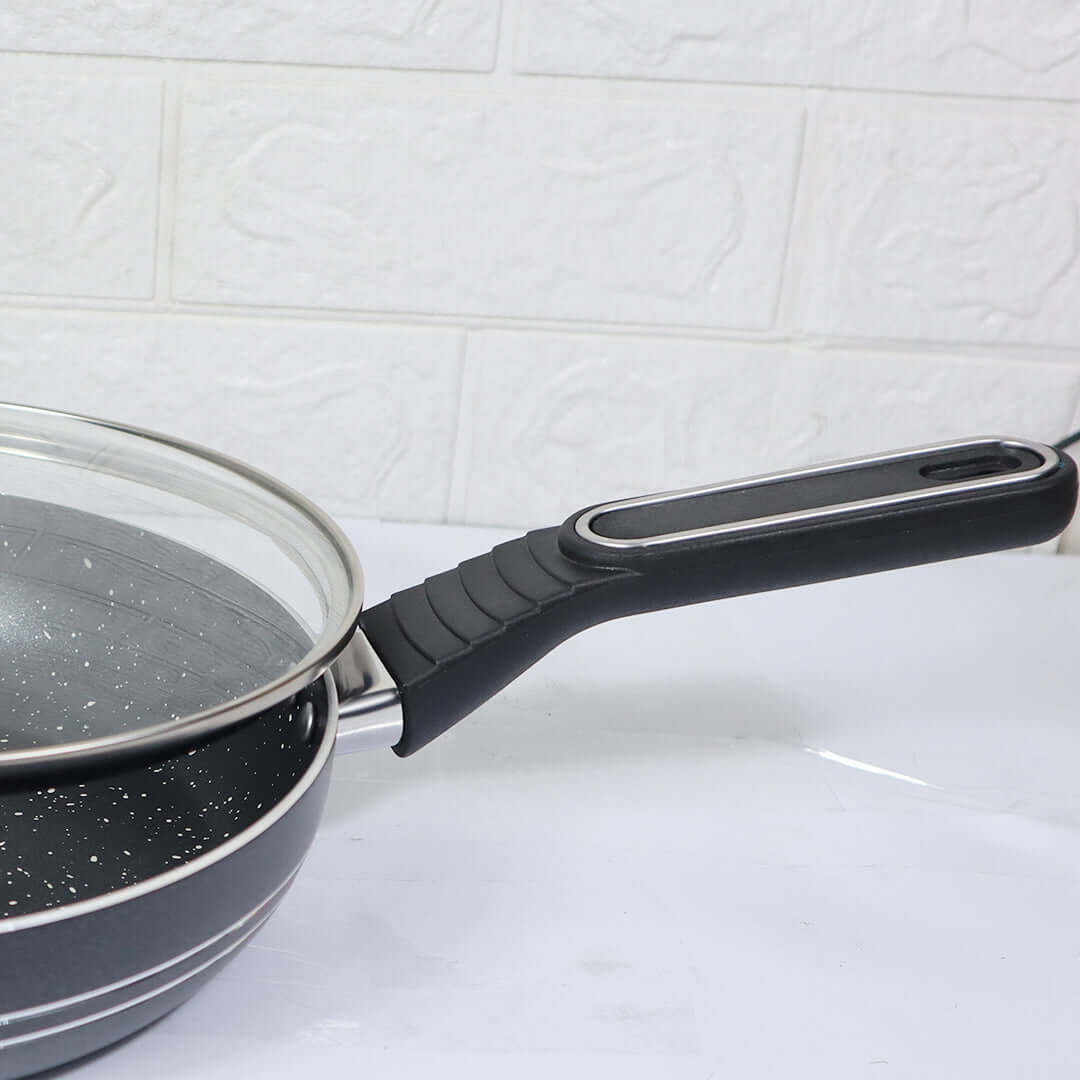 Non Stick Marble Coated Royal Frypan with Glass Lid - Black