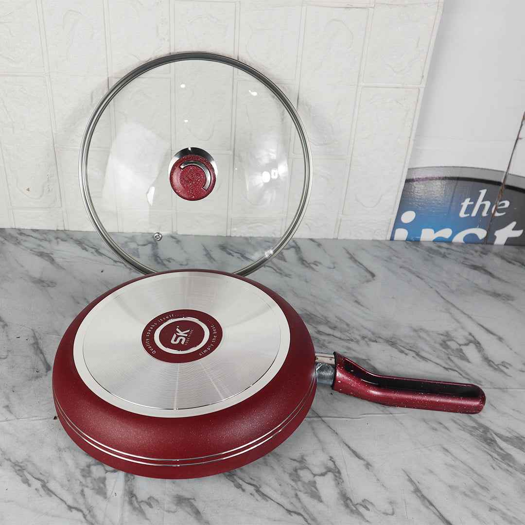 Non Stick Marble Coated Royal Frypan with Glass Lid - Red - Skcookware