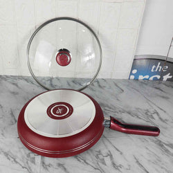 Non Stick Marble Coated Royal Frypan with Glass Lid - Red - Skcookware