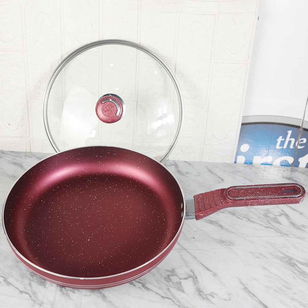 Non Stick Marble Coated Royal Frypan with Glass Lid - Red - Skcookware