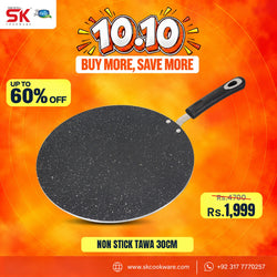 A 30cm non-stick tawa pan with a black textured surface and a black handle, displayed against a vibrant orange and yellow promotional background with text overlays and discount details.