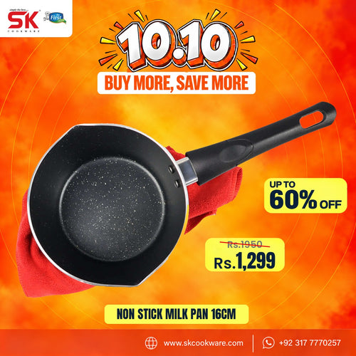 A promotional product graphic for a 16cm non stick milk pan. The pan, with a black non-stick interior and a black handle, is shown resting on a red cloth against a bright orange and yellow background.