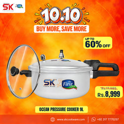 An SK Cookware ocean pressure cooker 9L in silver with black handles and a clear glass lid, set against a vibrant orange and yellow promotional background with discount text overlays.