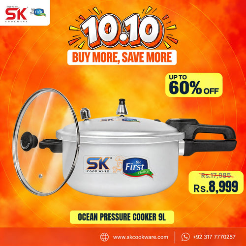 An SK Cookware ocean pressure cooker 9L in silver with black handles and a clear glass lid, set against a vibrant orange and yellow promotional background with discount text overlays.