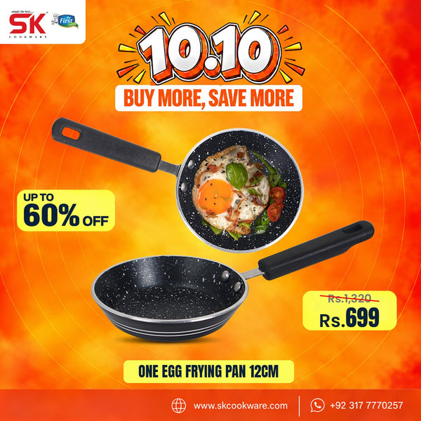 Promotional graphic for a 12cm one-egg frying pan by SK Cookware, showing two views of the black speckled non-stick pan with a handle. One view shows cooked eggs in the pan, and the other shows the empty pan.