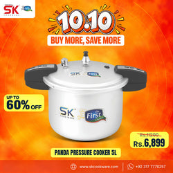 A promotional product graphic for an SK Cookware 'the First Choice' Panda Pressure Cooker 5L. The silver and black pressure cooker is centered against a vibrant orange and yellow gradient background with promotional text overlays including '10:10', 'BUY MORE, SAVE MORE', 'UP TO 60% OFF', and the final price 'Rs.