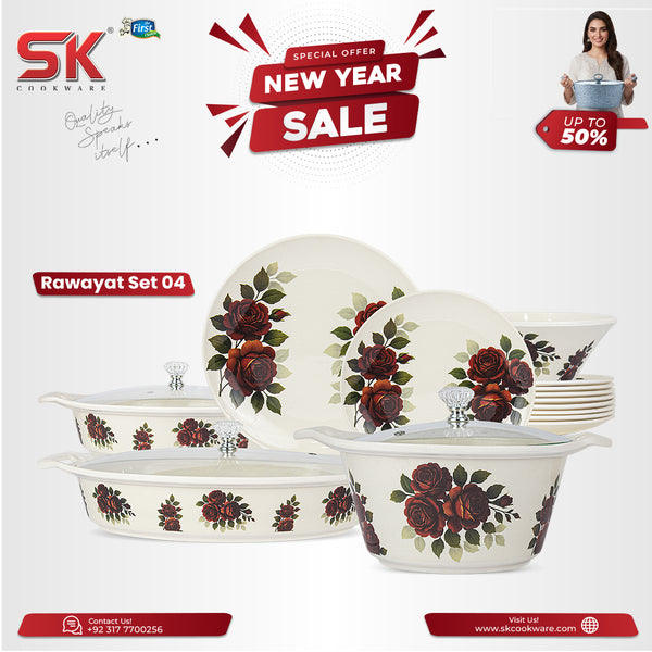 69 Pieces Melamine Rawayat Dinnerware Set with Glass Top [8 Person Serving] - R04