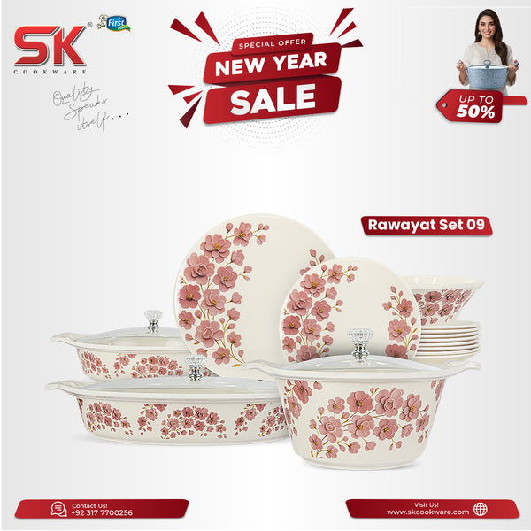 69 Pieces Melamine Rawayat Dinnerware Set with Glass Top [8 Person Serving] - R09