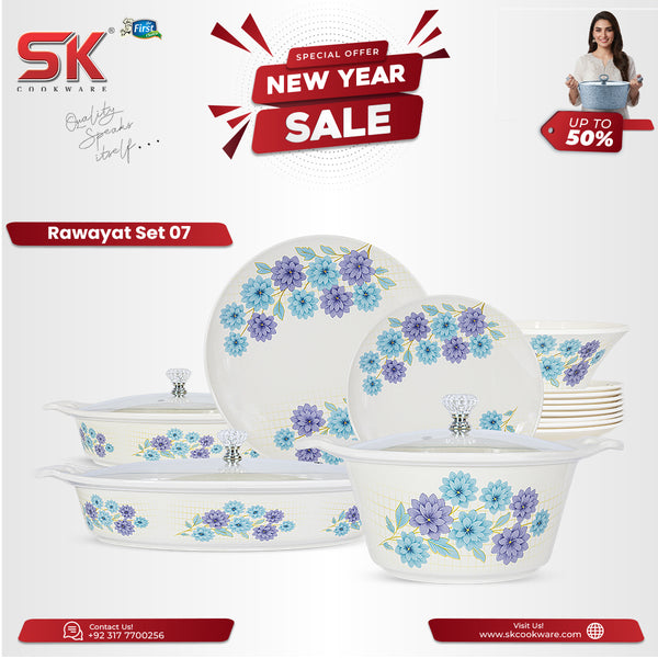 69 Pieces Melamine Rawayat Dinnerware Set with Glass Top [8 Person Serving] - R07