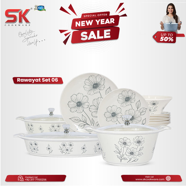 69 Pieces Melamine Rawayat Dinnerware Set with Glass Top [8 Person Serving] - R06