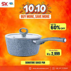 A promotional graphic for a SK Cookware saucepan. The product is a speckled gray saucepan with a matching lid and a gray handle, set against a vibrant orange and yellow background with sale text overlays.