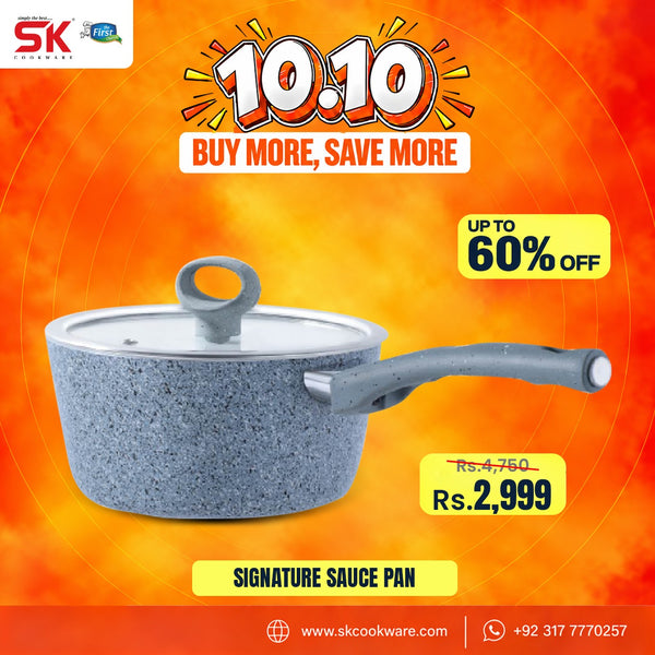 A promotional graphic for a SK Cookware saucepan. The product is a speckled gray saucepan with a matching lid and a gray handle, set against a vibrant orange and yellow background with sale text overlays.
