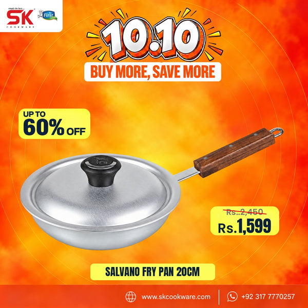 A promotional graphic for a SK Cookware salvato fry pan 20cm with a glass lid, featuring a silver aluminum body, black knob, and brown wooden handle against a fiery orange background with sale text overlays.