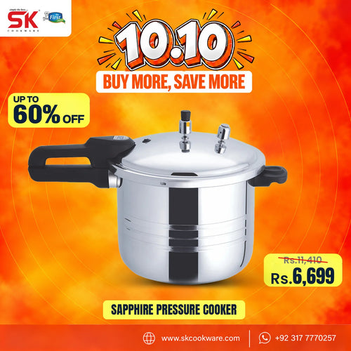 A promotional graphic for a SK Cookware Sapphire Pressure Cooker, showing a silver stainless steel cooker with black handles against a bright orange and yellow gradient background with sale text overlays.
