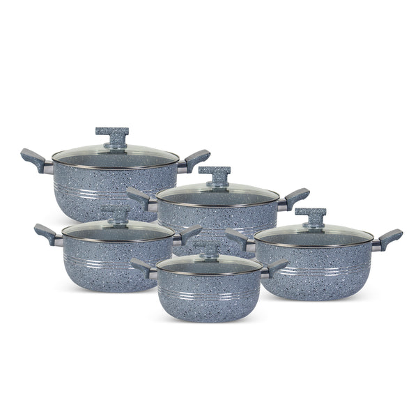 10 Pieces Non Stick Marble Coated Innovant Casserole (Daigchi/Baigona) Set - Gray