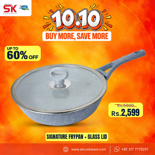 A promotional product graphic for a SK Cookware signature frypan with a glass lid, shown on a bright orange and yellow background with sale text and pricing.