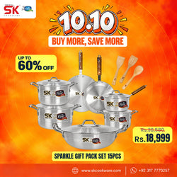 SK Cookware Sparkle Gift Pack Set 15pcs in stainless steel cookware, displayed on a vibrant orange promotional background with '10:10 Buy More, Save More' and 'Up to 60% Off' text overlays.
