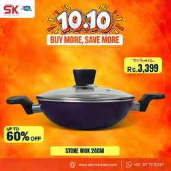 A promotional product graphic for a SK Cookware stone wok. The wok has a deep purple exterior, black handles, and a clear glass lid with a black knob, set against a bright orange and yellow background with sale text overlays.