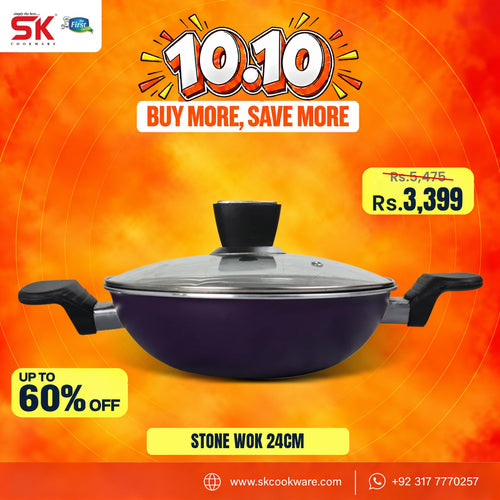 A promotional product graphic for a SK Cookware stone wok. The wok has a deep purple exterior, black handles, and a clear glass lid with a black knob, set against a bright orange and yellow background with sale text overlays.