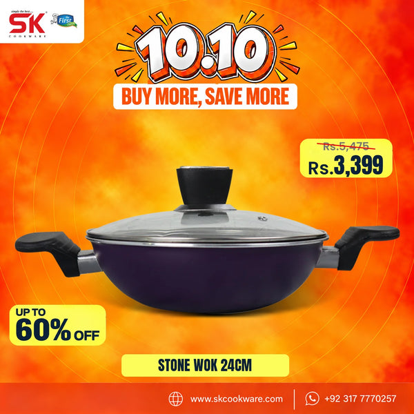 A promotional product graphic for a SK Cookware stone wok. The wok has a deep purple exterior, black handles, and a clear glass lid with a black knob, set against a bright orange and yellow background with sale text overlays.
