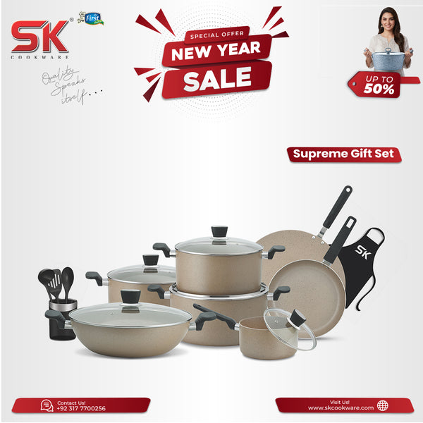 18 Pieces Non Stick Marble Coated Supreme Gift Pack Set Beige