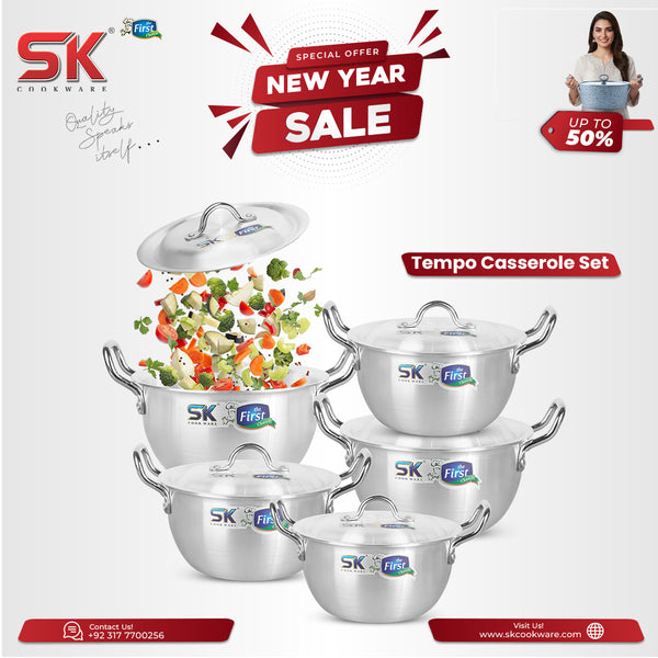 10 Pieces Aluminum Heavy Gauged Metal Finish Casserole Tempo Set 2/6