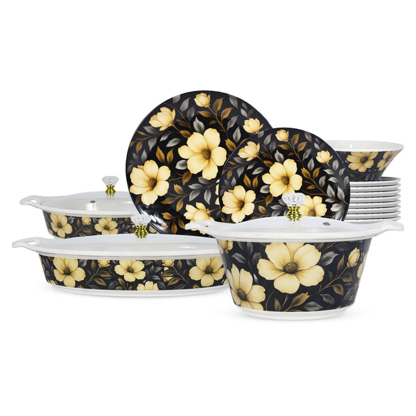69 Pieces Melamine Sigma Dinnerware Set with Glass Top [8 Person Serving] - Black