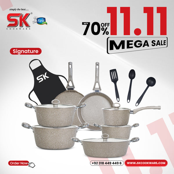 16 Pieces Marble Coated Gift Pack Signature Cookware Set - Beige