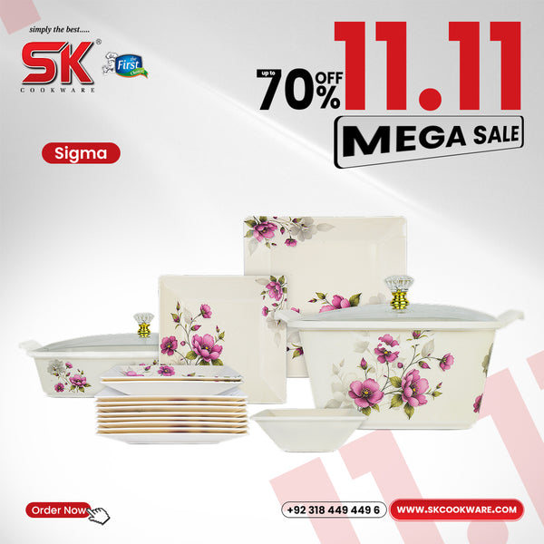 69 Pieces Melamine Sigma Dinnerware Set with Glass Top [8 Person Serving] S1