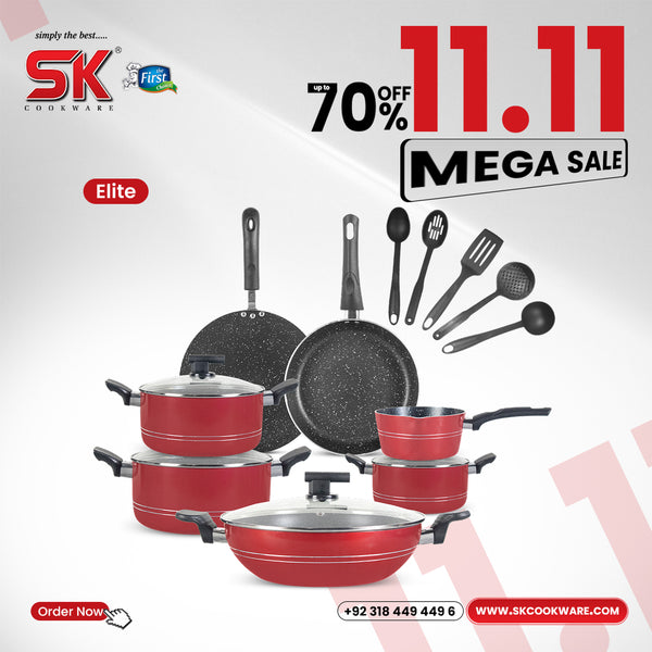 16 Pieces Non-Stick Marble Coat Elite Gift Pack Set - Red & Black