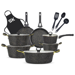 16 Pieces Marble Coated Non-Stick  Gift Pack Signature Cookware Set - Golden Black