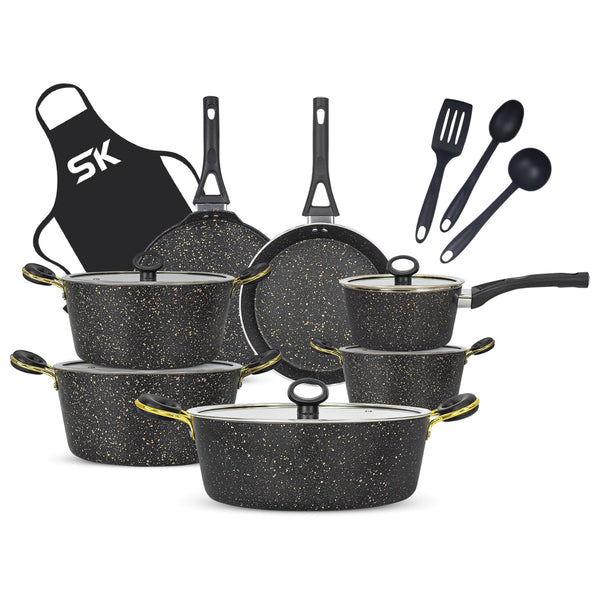 16 Pieces Marble Coated Non-Stick  Gift Pack Signature Cookware Set - Golden Black