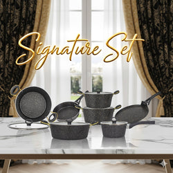 16 Pieces Marble Coated Non-Stick  Gift Pack Signature Cookware Set - Golden Black