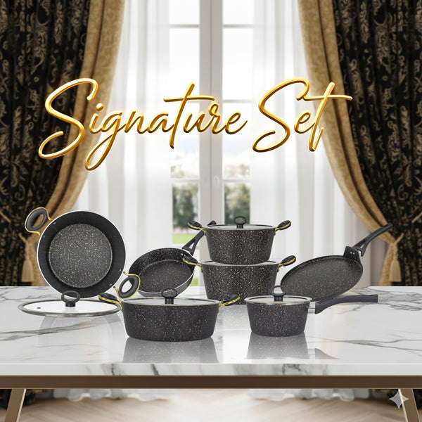 16 Pieces Marble Coated Non-Stick  Gift Pack Signature Cookware Set - Golden Black