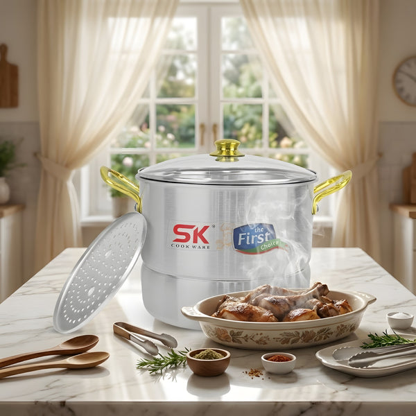 Heavy Gauge Aluminum Steamer with Glass Lid [Golden Handle]