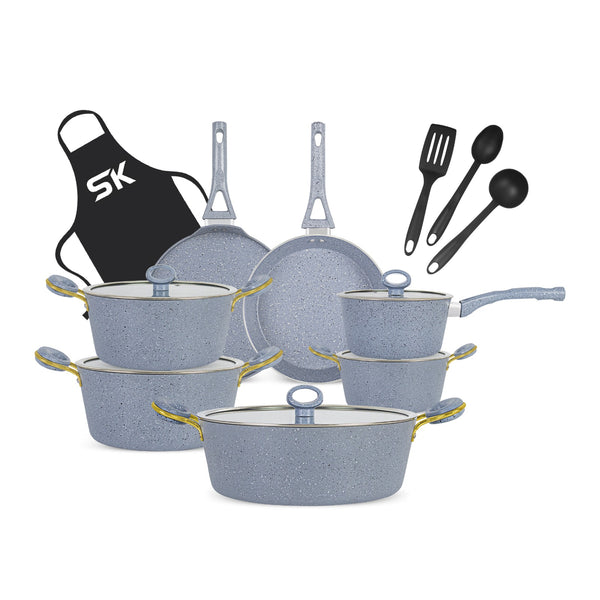 16 Pieces Marble Coated Gift Pack Signature Cookware Set [Golden Handle]