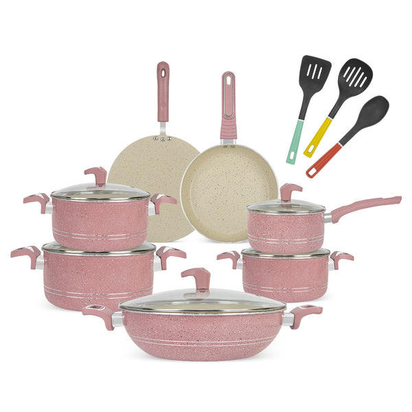 16 Pieces Marble Coated Gift Pack Imperial Cookware Set [Pink & Beige]