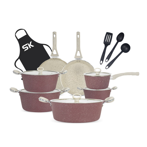 16 Pieces Marble Coated Gift Pack Signature Cookware Set [Maroon & Beige]