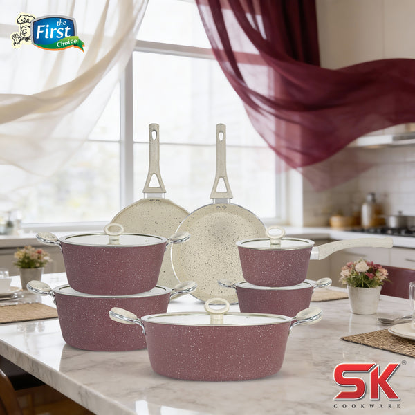 16 Pieces Marble Coated Gift Pack Signature Cookware Set [Maroon & Beige]