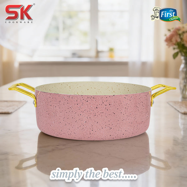 Leftover Without Lid Non-Stick Marble Coated Fish Pot with Gold Handles – Pink & Cream