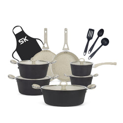 16 Pieces Non Stick Marble Coated Gift Signature Cookware Set - Black & Off White