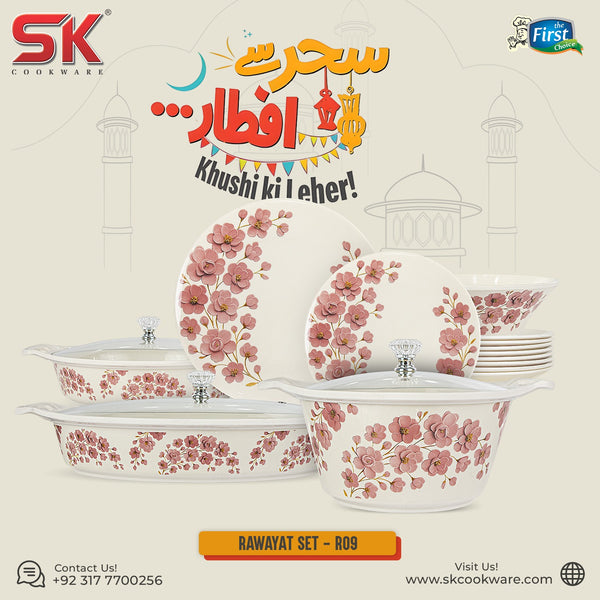 69 Pieces Melamine Rawayat Dinnerware Set with Glass Top [8 Person Serving] - R09