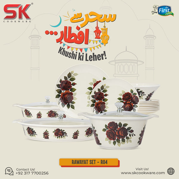 69 Pieces Melamine Rawayat Dinnerware Set with Glass Top [8 Person Serving] - R04